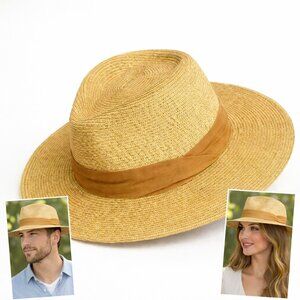 FURTALK Straw Panama Fedora Sun Hat Tan Wide Brim Adjustable Unisex M
